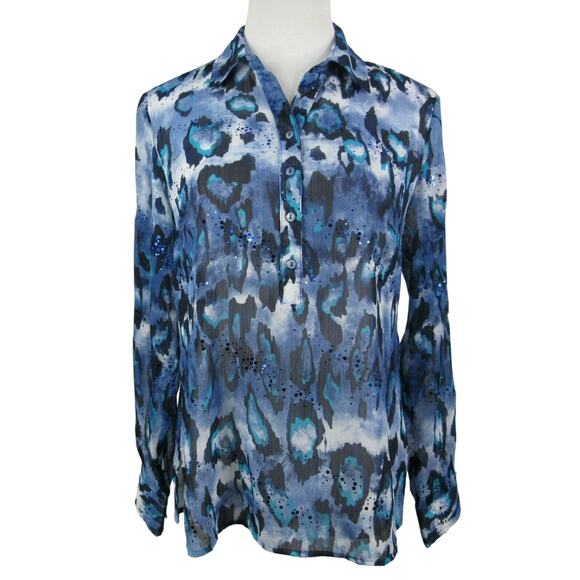 Erin London Button Front Sheer Blouse Tabbed Sleeves Size 8 Blue - Picture 1 of 9